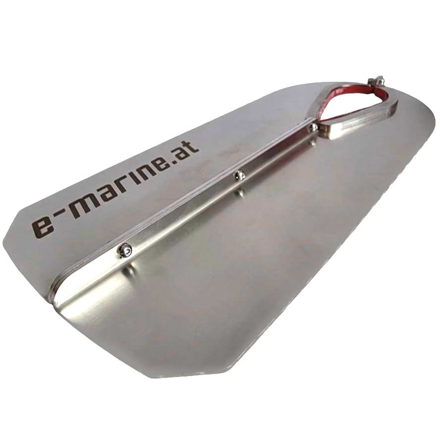 V4A stainless steel cavitation plate for Torqeedo Travel outboards from 2024, with e-marine.at engraving and red clamp mount