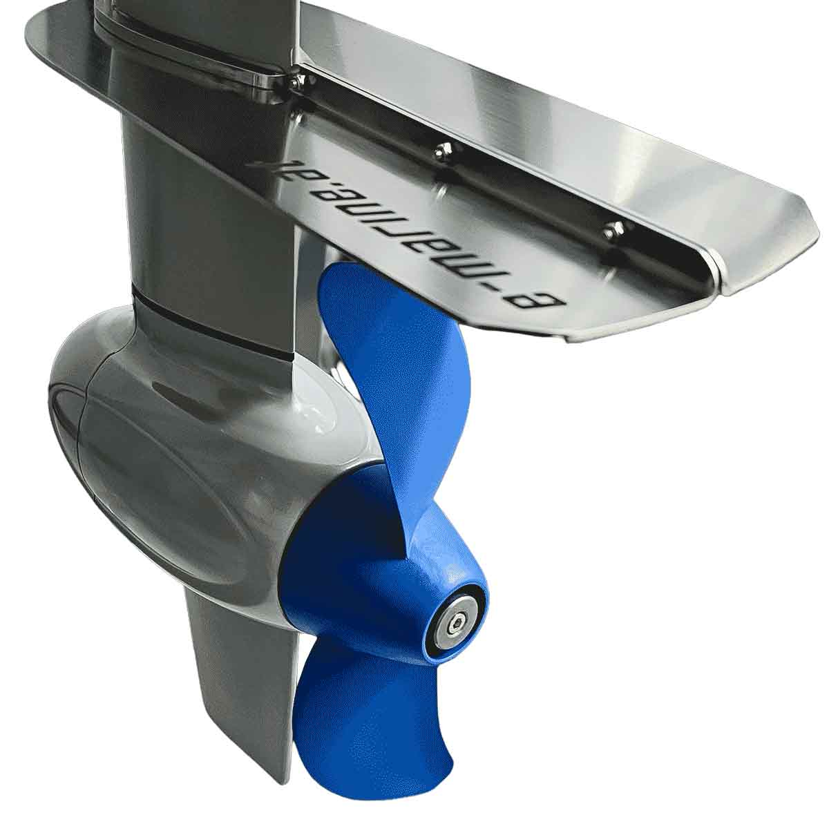 A close-up of a Cavitationplate propeller with blue blades and a metallic protective fin, designed for Torqeedo Travel (2023 & earlier) or ePropulsion Spirit 1 outboards, shown against a white background.