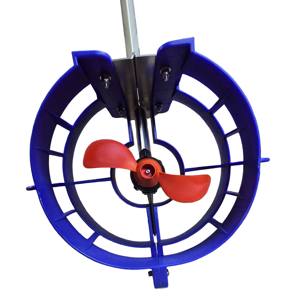 CAV Prop Guard from the front: concentric protective rings in front of the orange propeller of a Torqeedo electric outboard, bolted to the V4A stainless cavitation plate above