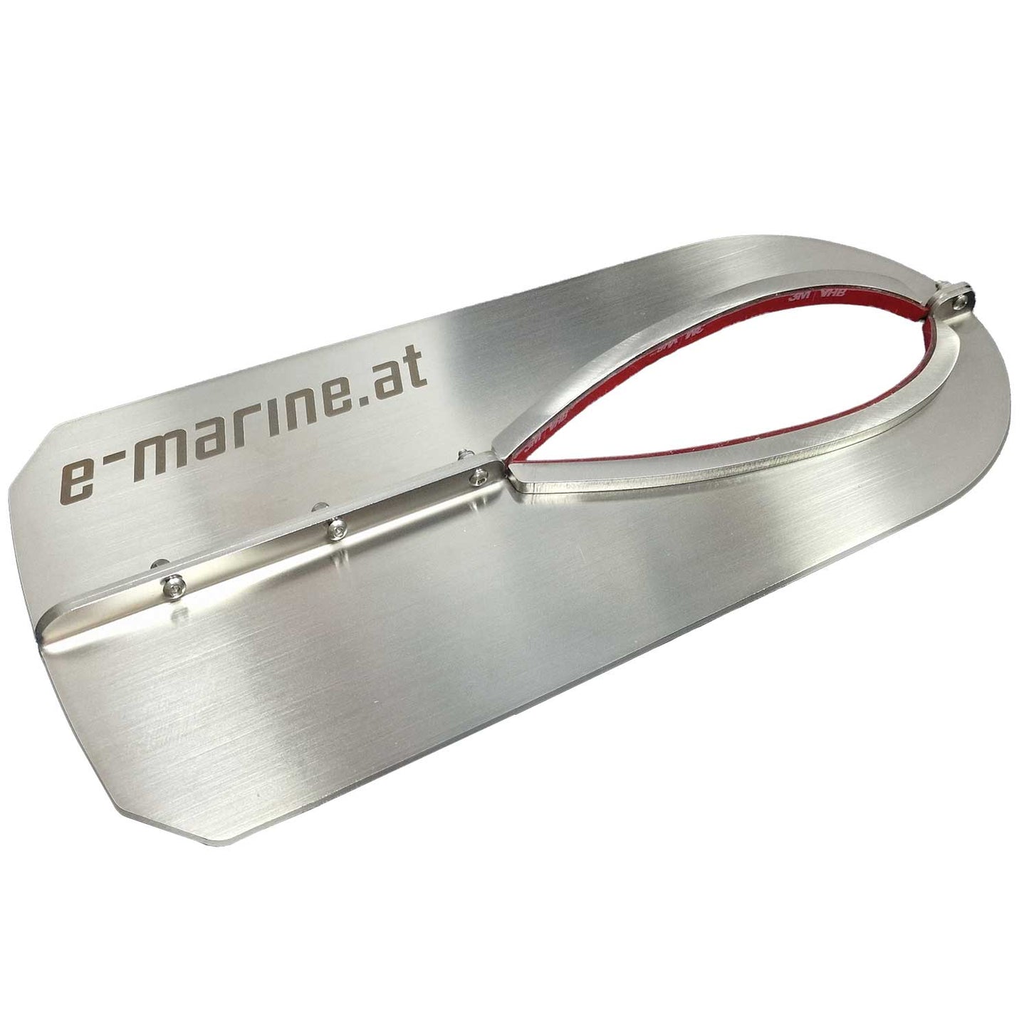 A Cavitationplate brushed metal hydrofoil blade for Torqeedo Cruise, compatible with RS RL TS TL, has e-marine.at engraved and a red-edged loop at one end, shown on a white background.