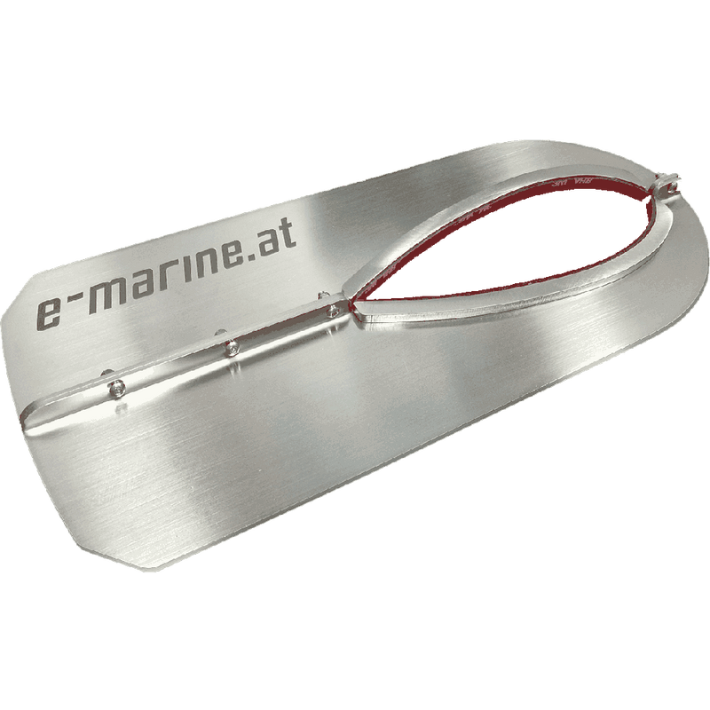A brushed metal hydrofoil plate with the text “e-marine.at” etched on it and a red-edged loop attached on top, used for marine applications.