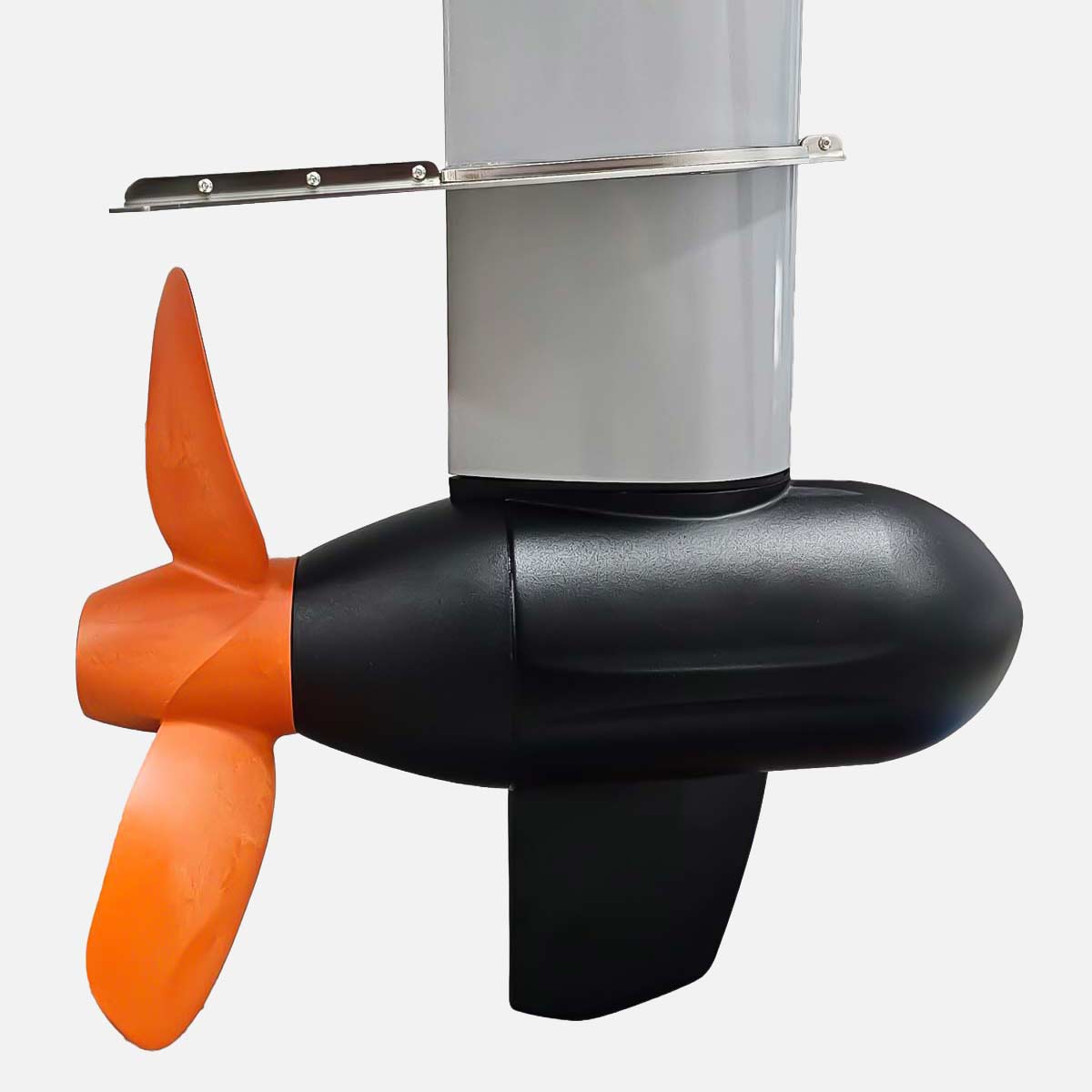 Close-up of a marine electric motor with an orange propeller, black casing, and vertical grey shaft, designed for use with boats or water vehicles, against a plain white background.