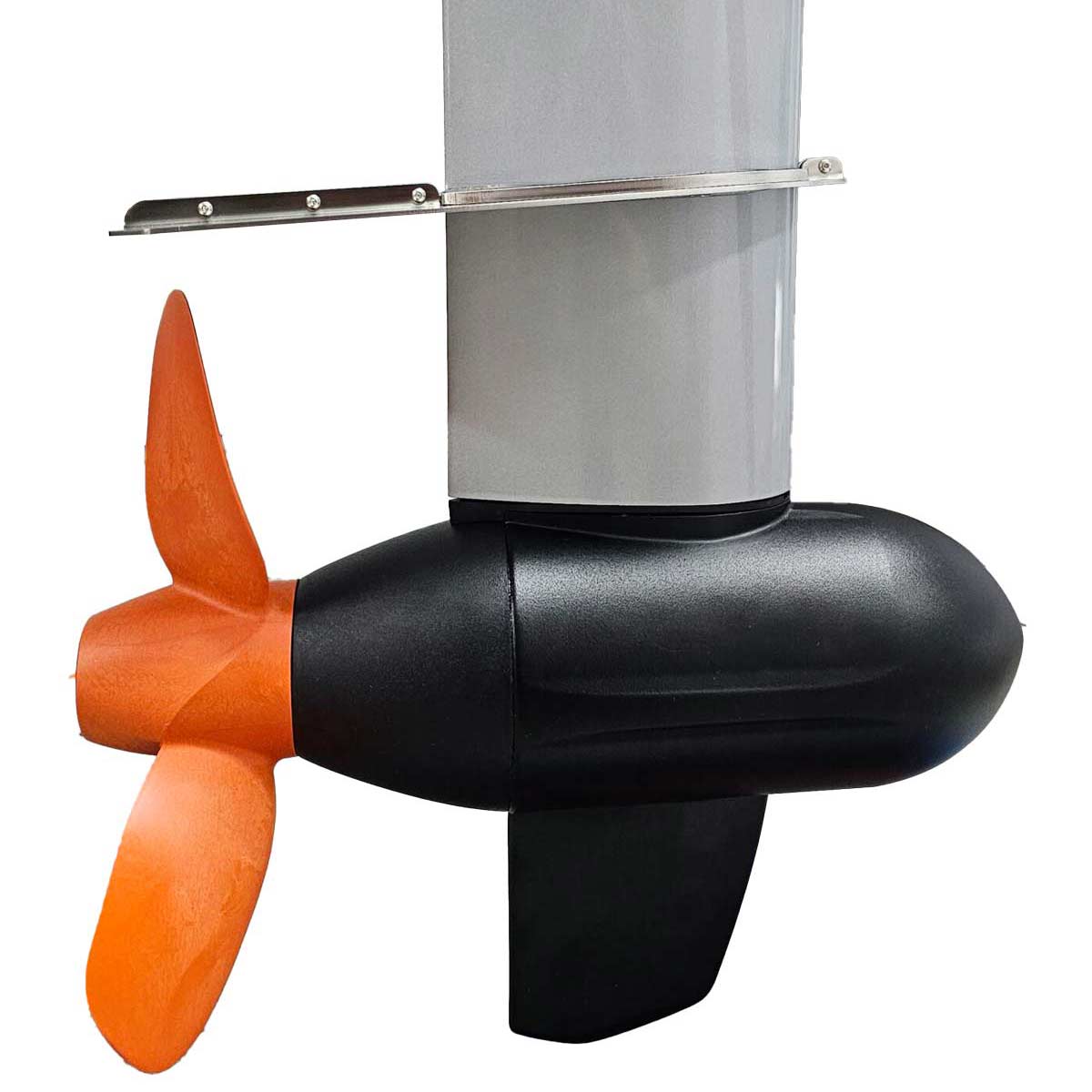 Close-up of a marine electric motor with an orange propeller, black casing, and vertical grey shaft, designed for use with boats or water vehicles, against a plain white background.