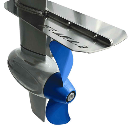 A close-up of a Cavitationplate propeller with blue blades and a metallic protective fin, designed for Torqeedo Travel (2023 & earlier) or ePropulsion Spirit 1 outboards, shown against a white background.